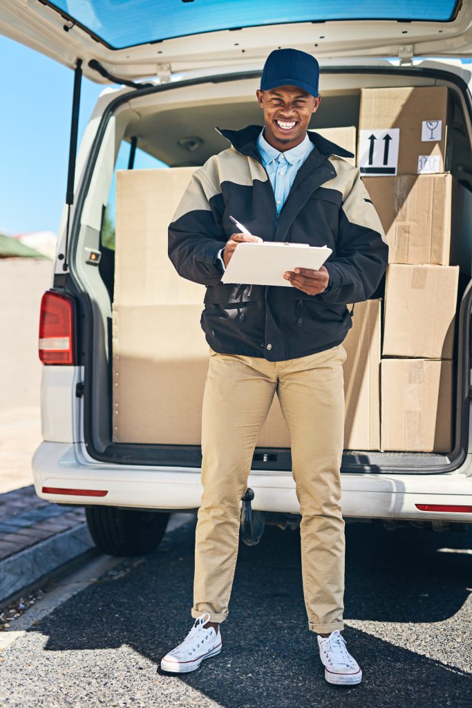 black man, portrait and clipboard with van for delivery, checklist or supply chain in logistics. happy african, male person or courier guy with smile for box, parcel or package service in city street